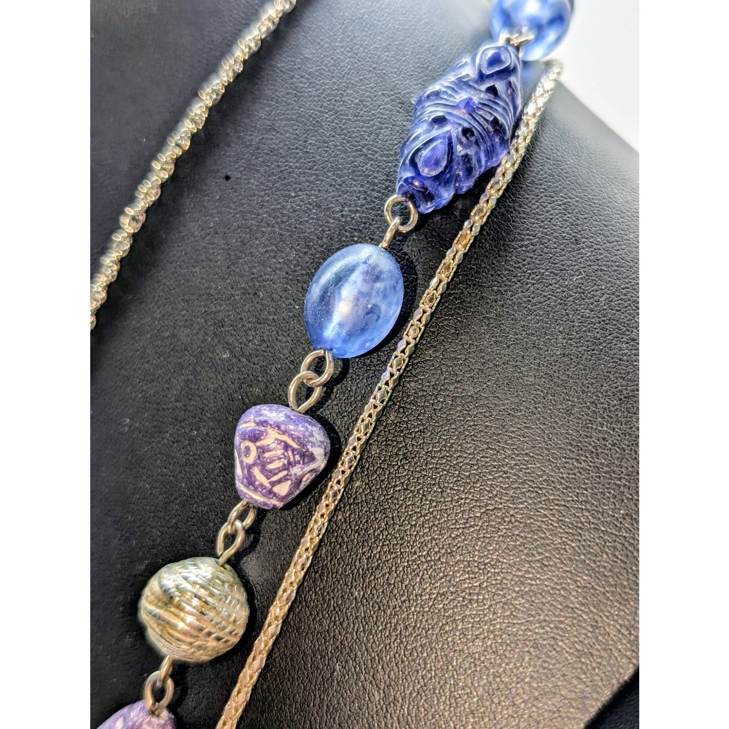 Lot of Three Silver Tone Necklaces --Vtg Long Chain Purple Bead & Charm Pendant