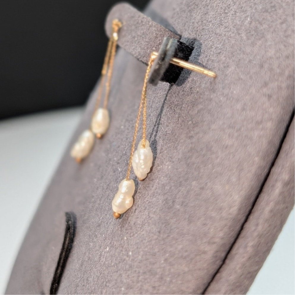 14k Yellow Gold Freshwater Pearl Dangle Serpentine Link Chain Pierced Earrings