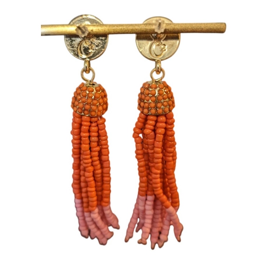 Orange Pink Beaded Tassel Boho Dangle Post Earrings