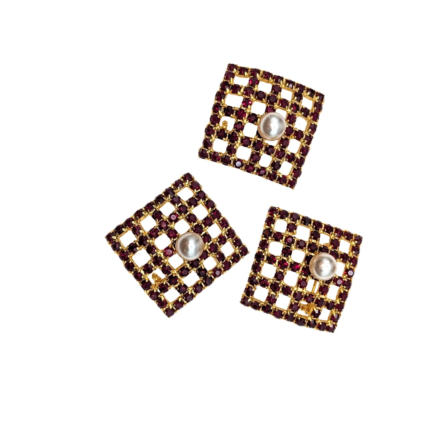 Lot of Three Vtg Gold Tone Red Crystal Lattice Square Floating Pearl Brooches