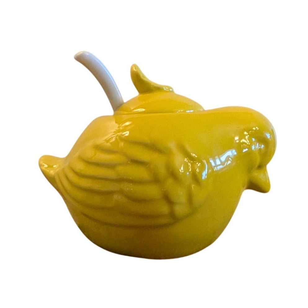 Vintage Yellow Bird Sugar Bowl W/ White Glass Spoon