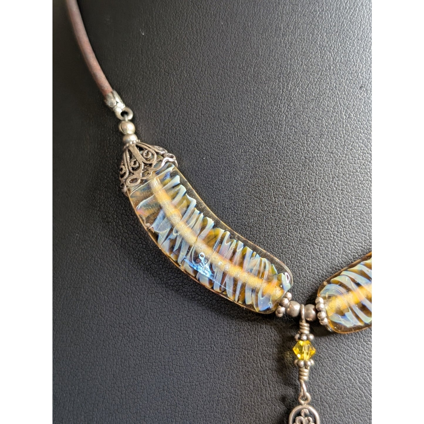 VTG Boho 925 Sterling Silver Fused Glass Crystal Dangle Leather Cord Necklace