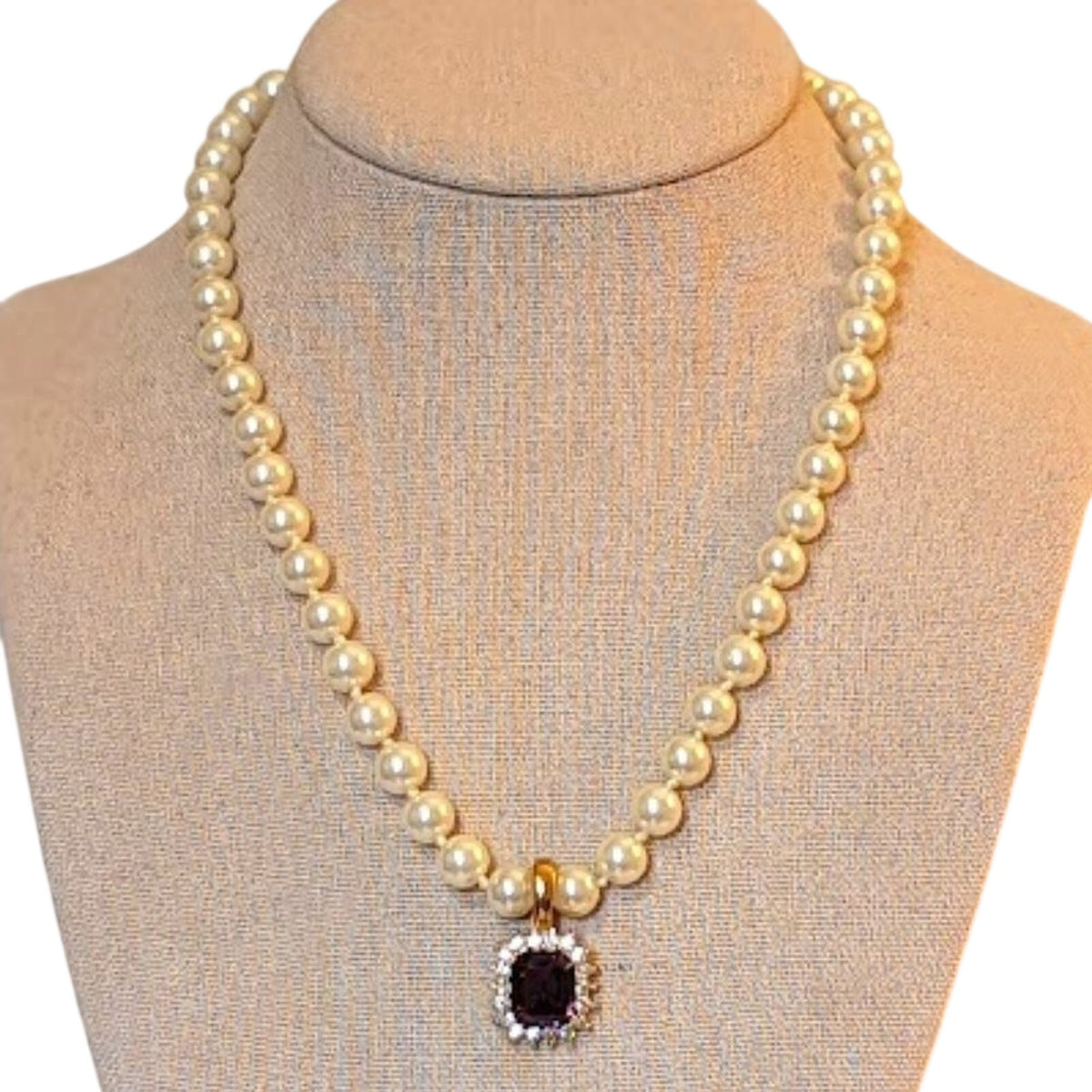 Vintage Roman Jewelry Square Cut Simulated Amethyst & CZ Enhancer On Faux Pearls