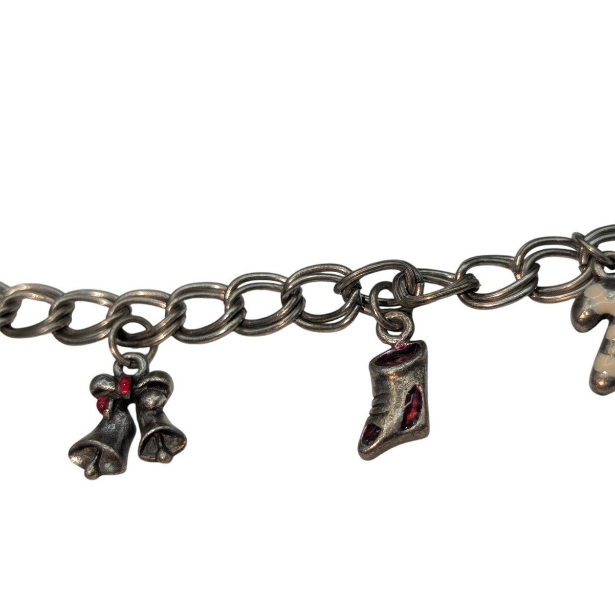 Vintage Silver Tone Double Curb Chain Link Christmas Charm 7"-8" Bracelet