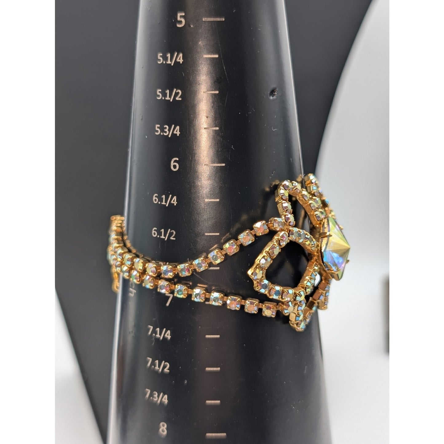 Vintage Mid-Century AB Crystal Rhinestone Gold Tone Bracelet W/ Safety Chain