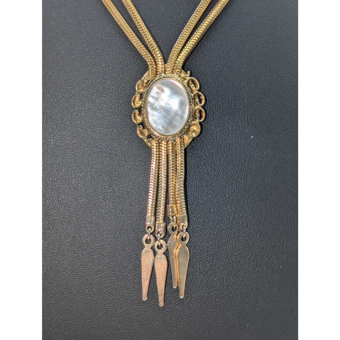 Vtg Yellow Gold Plated Double Snake Chain MOP Glass Tassel 17"-20.5" Necklace