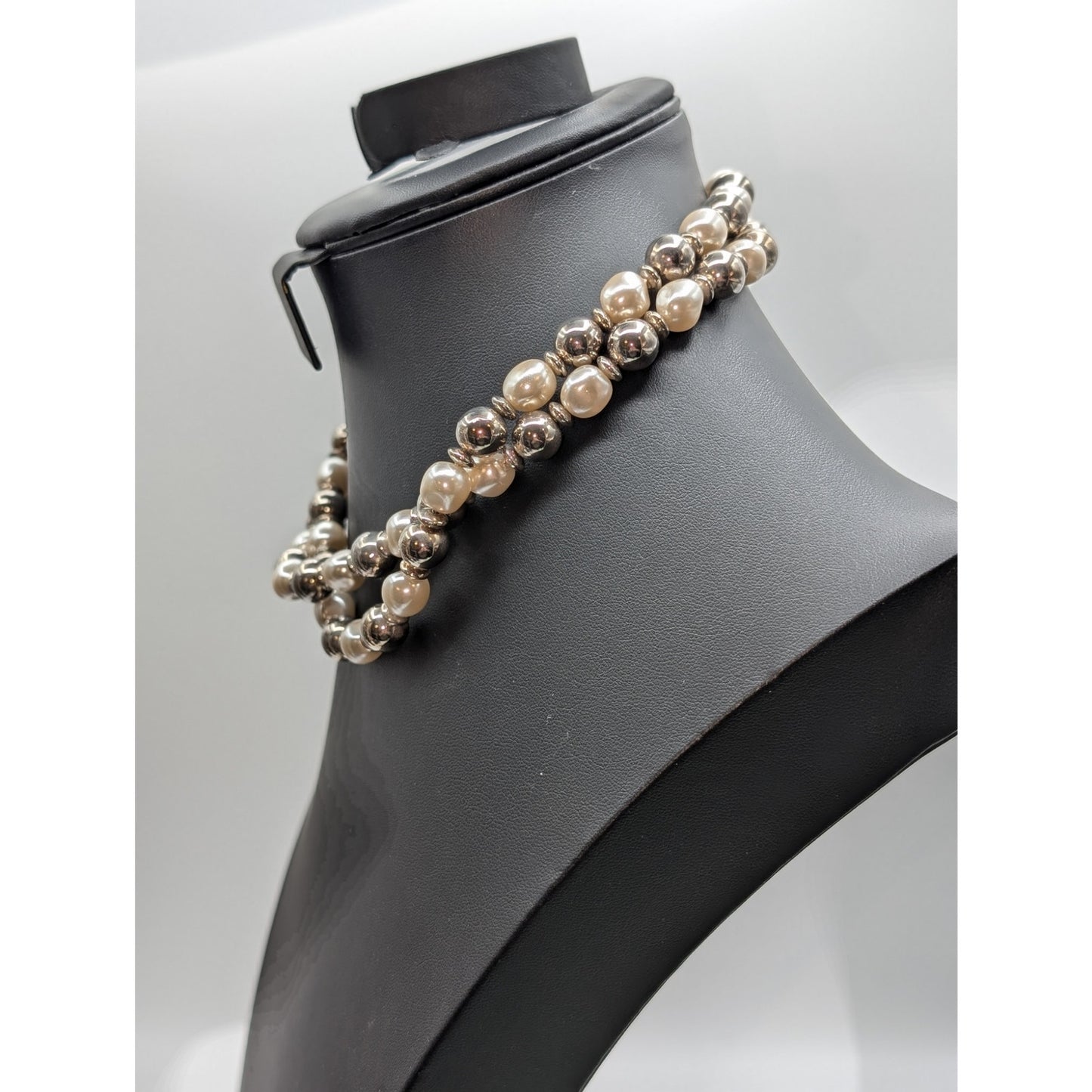 Vtg Anne Klein Silver Bead Pearl Double Strand Toggle Clasp 16"-16.75" Necklace