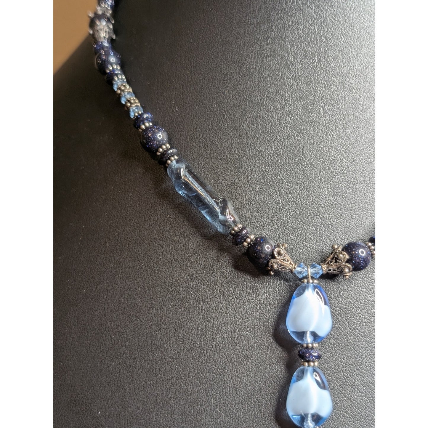 Blue Fused Glass Dangle Gold Stone Crystal Beaded 18" Necklace W/ Toggle Clasp