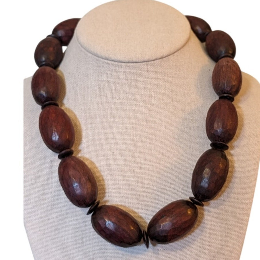 Vintage Chunky Hand Carved Oblong Wood Beaded Tribal Vibe 20" Necklace