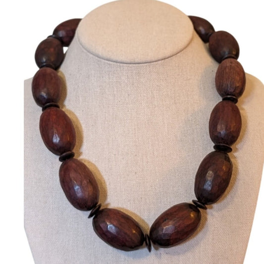 Vintage Chunky Hand Carved Oblong Wood Beaded Tribal Vibe 20" Necklace