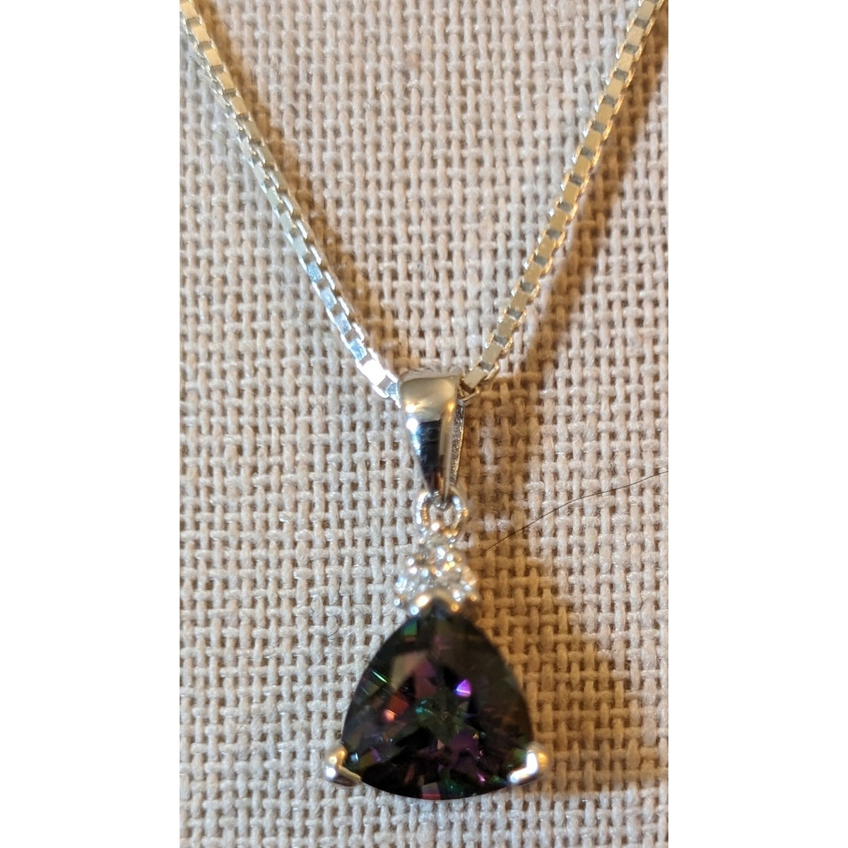 925 Sterling Trillian Cut  Mystic Topaz W/ 3 CZ Pendant Box Chain 18" Necklace