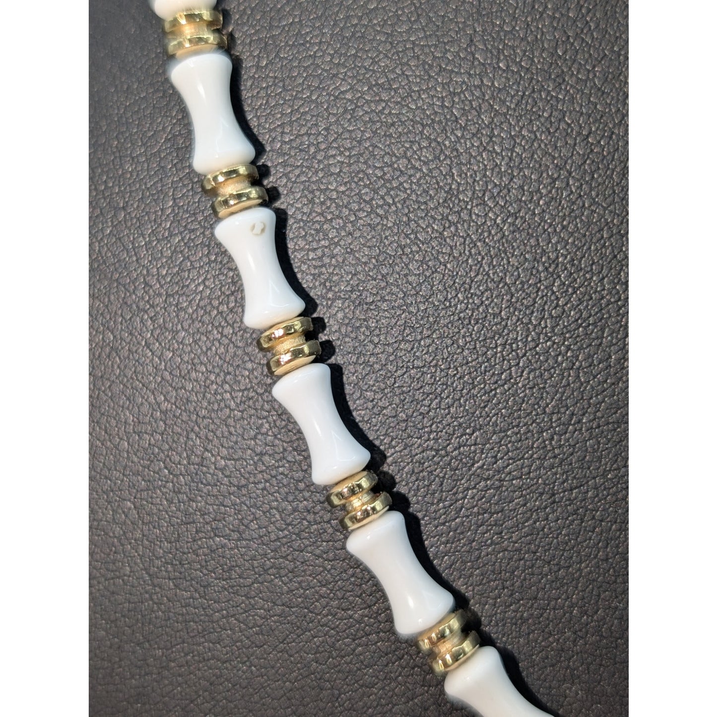 Vintage Monet White Glass & Gold Bead Bamboo or Bow Look 24" Necklace