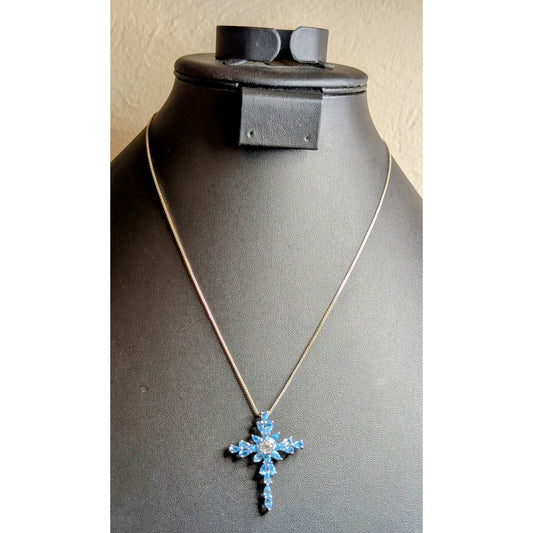Swiss Blue Teardrop White Topaz Round Center Stone 925 Sterling Cross Necklace