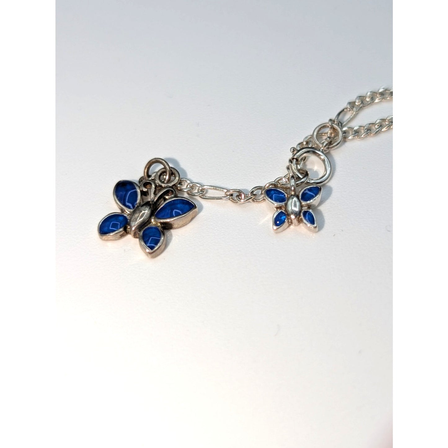 Vintage Figaro Chain Dangling Blue Enamel Butterfly 925 Sterling Silver Anklet