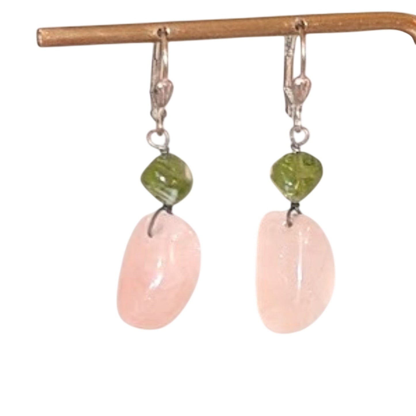 Vintage Pink Quartz Green Glass Lever Back Earrings