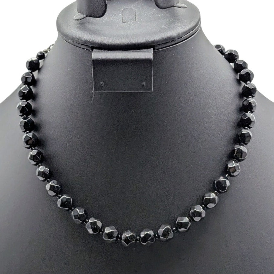 Vintage Black Faceted Glass Bead Hook Clasp 16.5"-18.5" Necklace