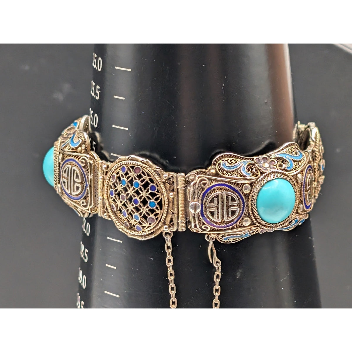 Antique 1900 Chinese Export .900 Silver Gilt Filigree Turquoise Enamel Bracelet