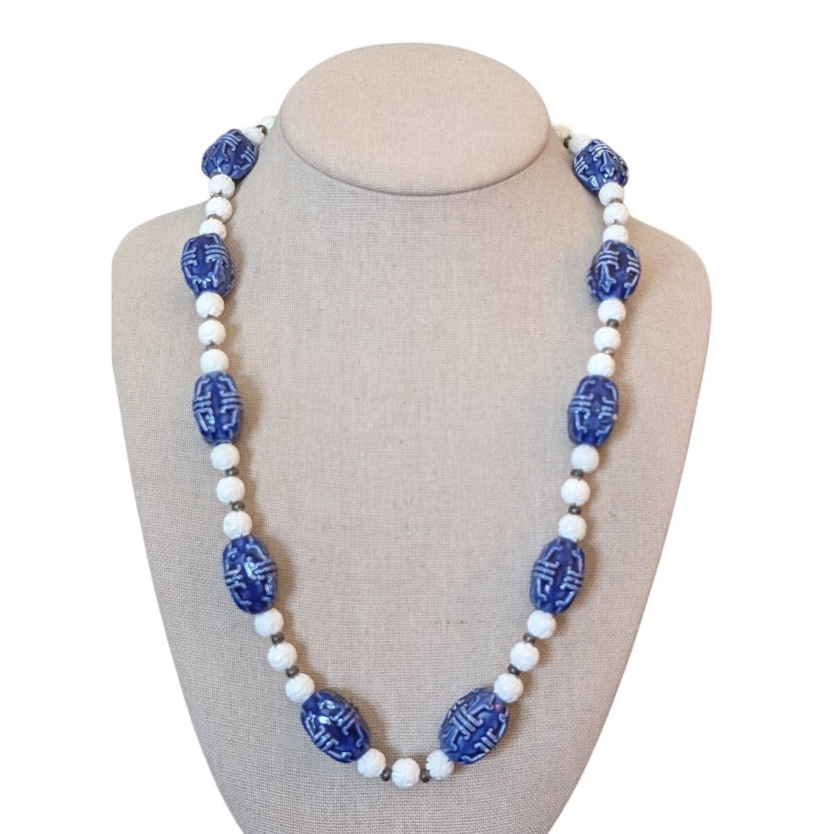 Asian Inspired Blue Ceramic Carved White Bead Necklace W/ Toggle Clasp