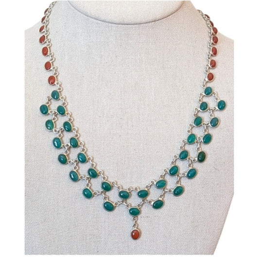 Vtg Green & Red Onyx Cabochons 925 Sterling Silver Collar Hook Clasp Necklace