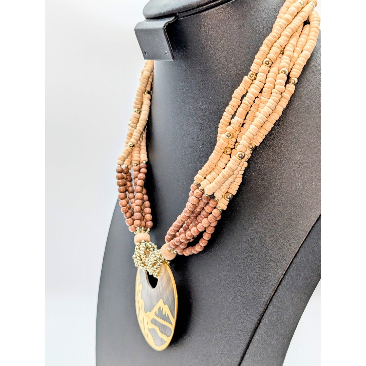 Seven Strand Wood Bead Gold Tone Shell Mountain Scene Disk Pendant 20" Necklace