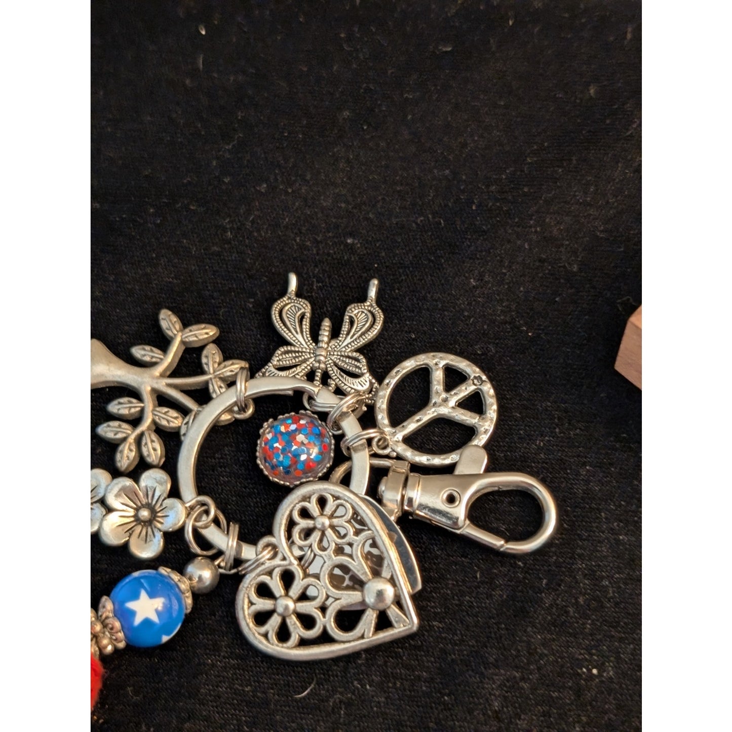 Hippie Hearts Patriotic Red White Blue Boho Multi-Charm Keychain