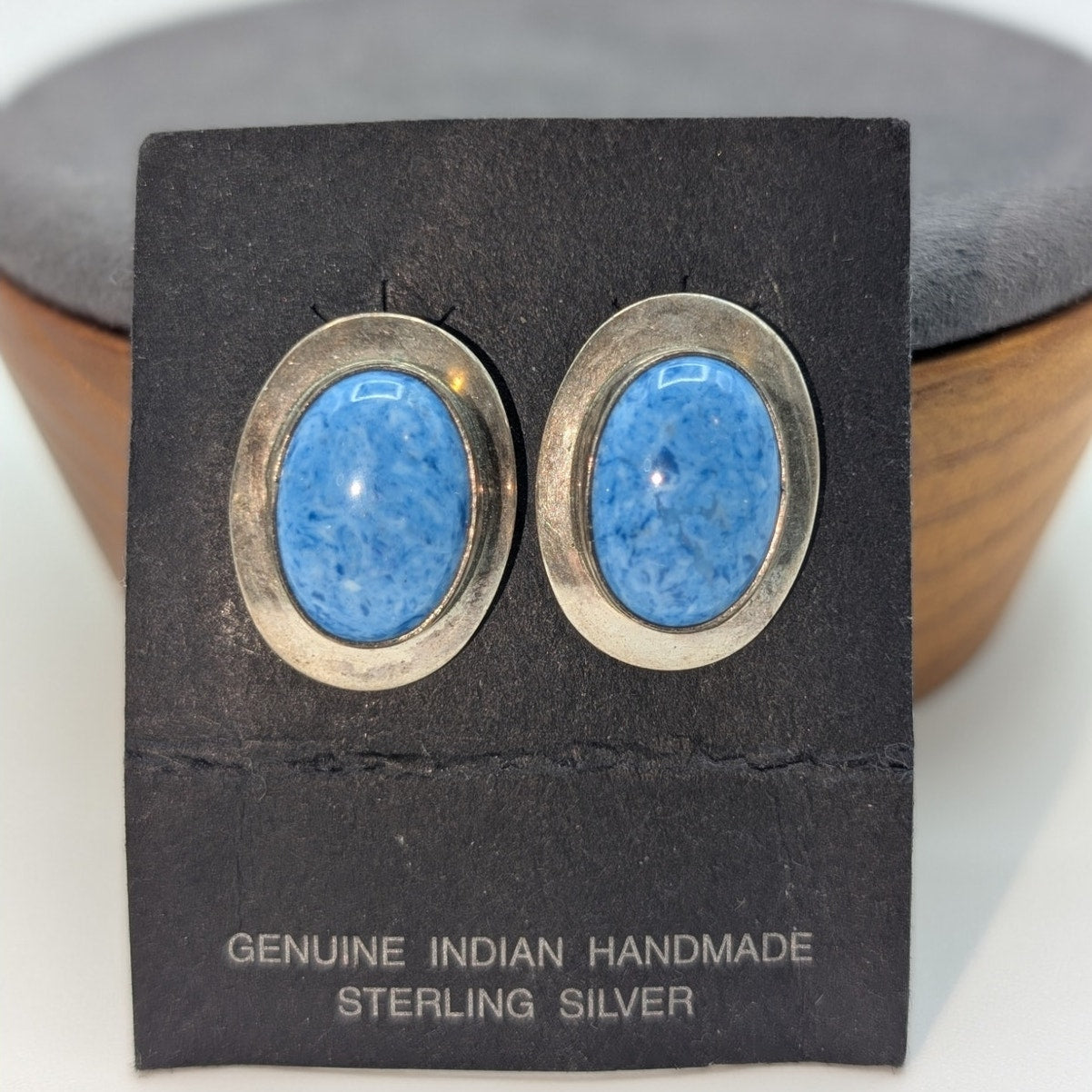 Vintage Genuine Indian Handmade Sterling Silver Oval Blue Stone Post Earrings