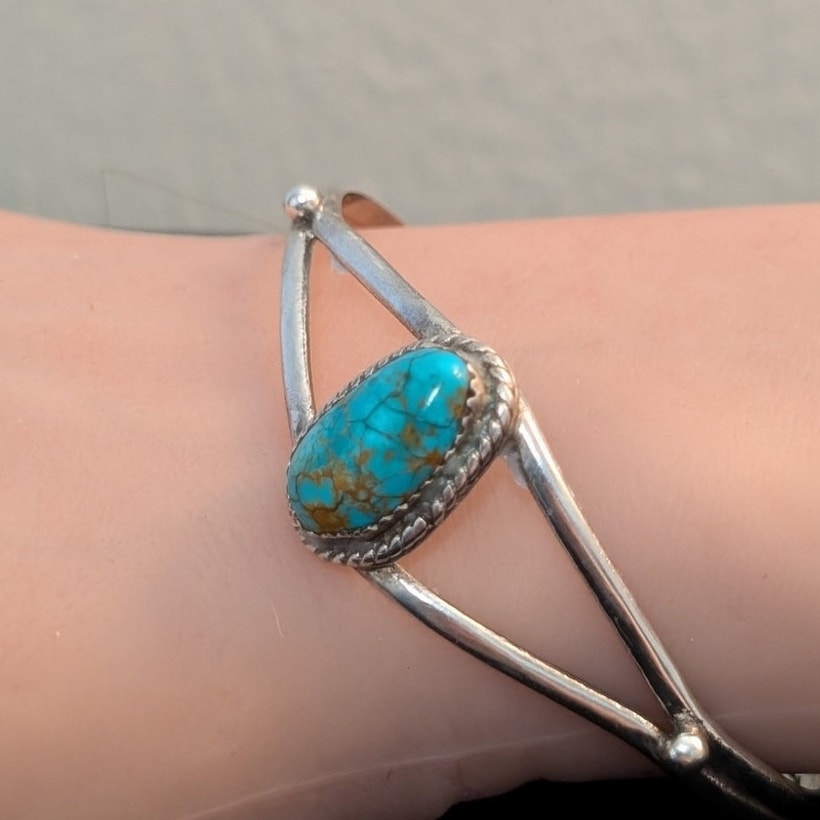 Vintage Signed LR Sterling Native American Southwestern Turquoise Cuff Bracelet