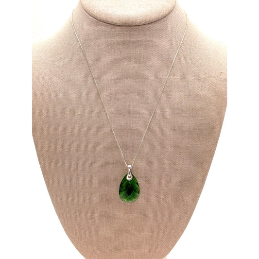 925 Sterling Silver Green Faceted Crystal Teardrop Pendant 18.5" Necklace