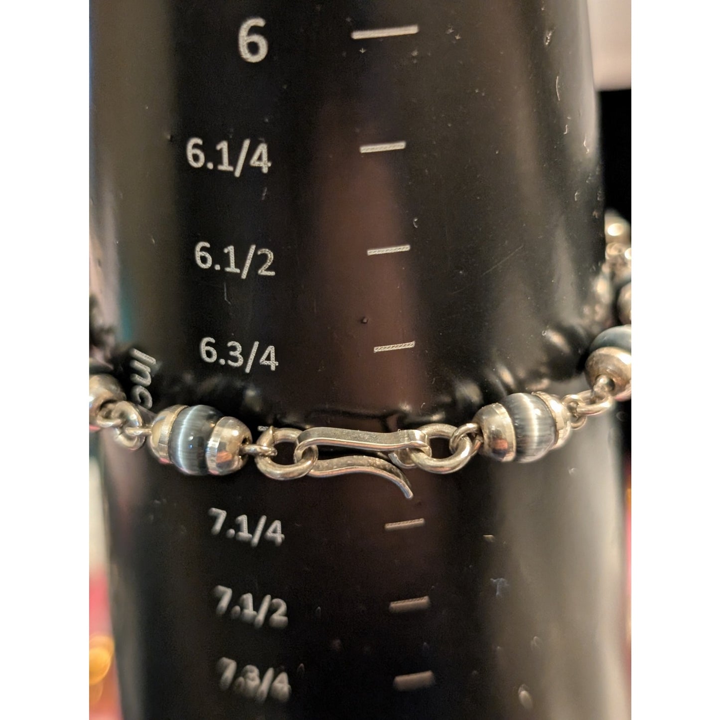 Vintage Gray Cat's Eye Glass Bead 925 Sterling Silver Hook Clasp Bracelet