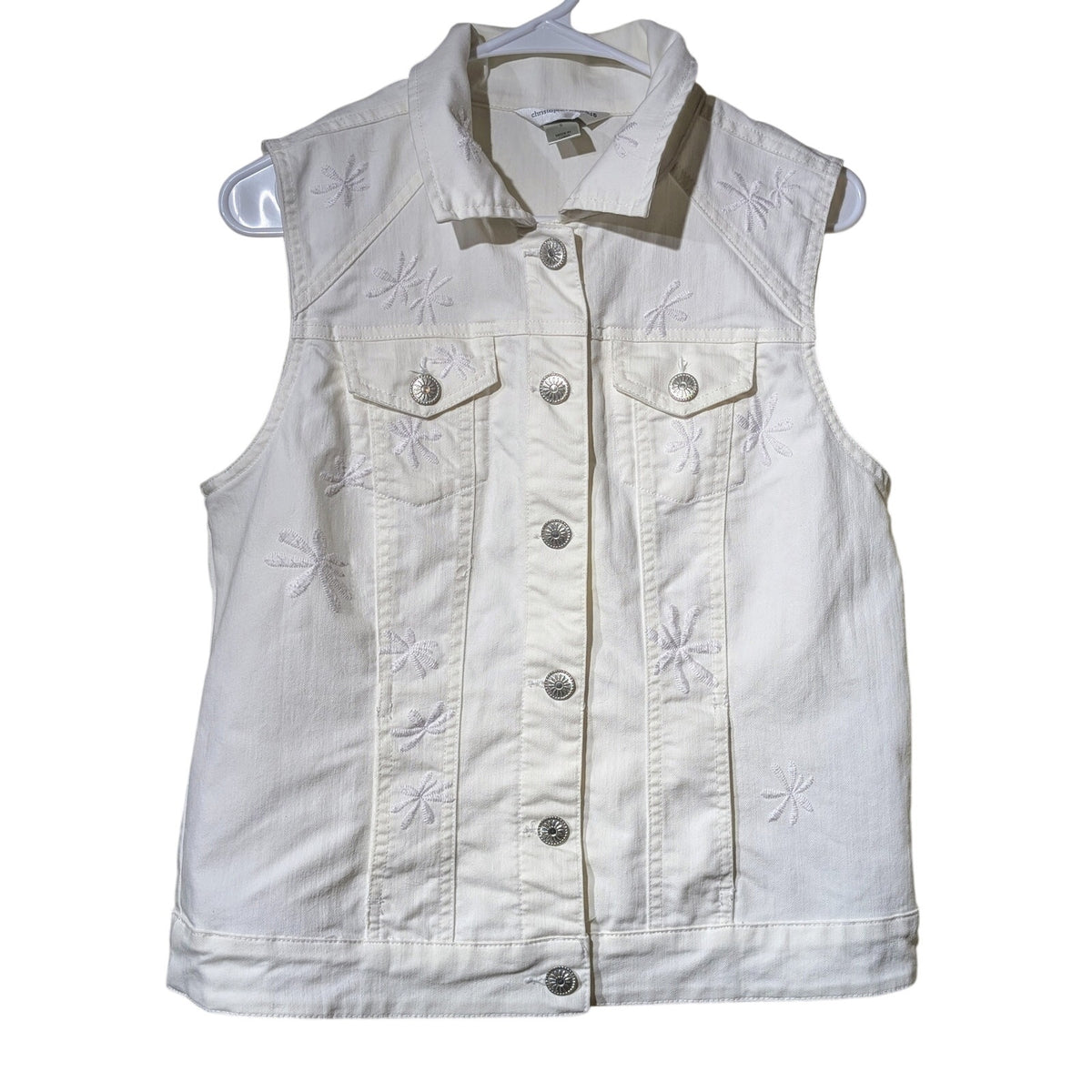 Christopher & Banks White Denim Silver Tone Button Front Flower Color Vest Sz S