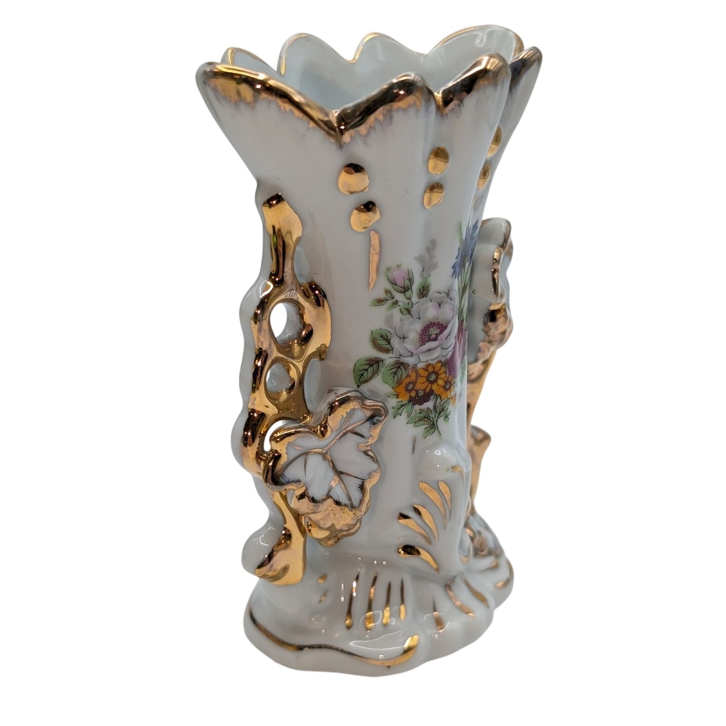 Vtg Vieux Paris Painted Gilded Edge Porcelain Rococo Style Fan Flair Bridal Vase
