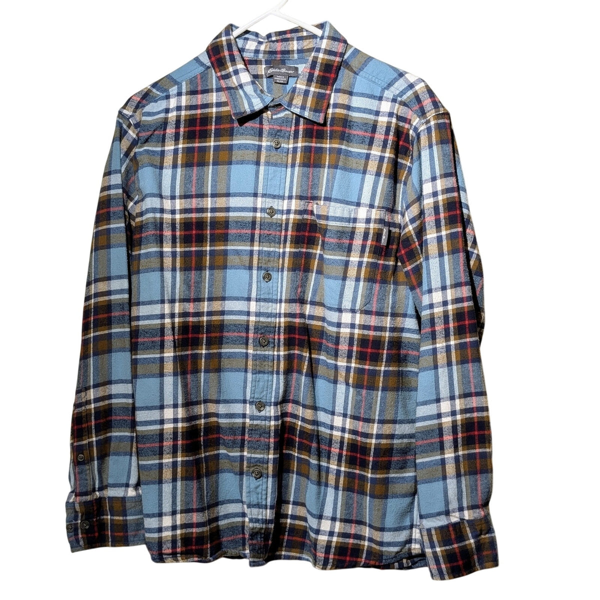 Eddie Bauer Blue Brown Plaid Cotton Flannel Button Up Shirt Men's Sz XL