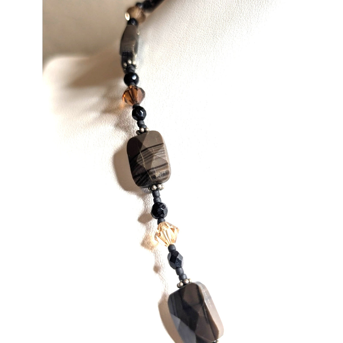 Black & Brown Crystal & Agate Stone Beaded 18" Necklace with Swirl Hook Clasp