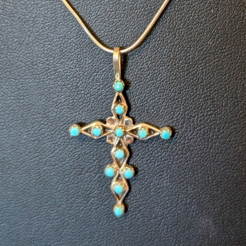 Vintage 925 Sterling Silver Petit Point Sawtooth Set Turquoise Cross Necklace