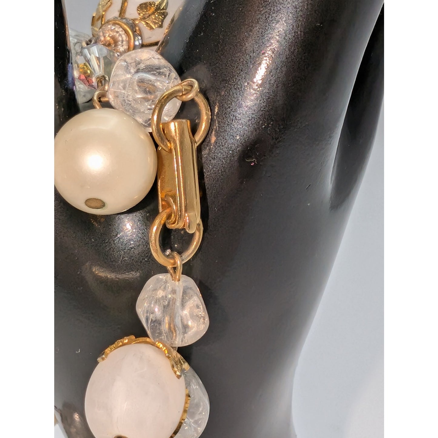 Vintage Deauville 1950s-1960s Faux Pearl Lucite Golden Leaf Bauble Bracelet