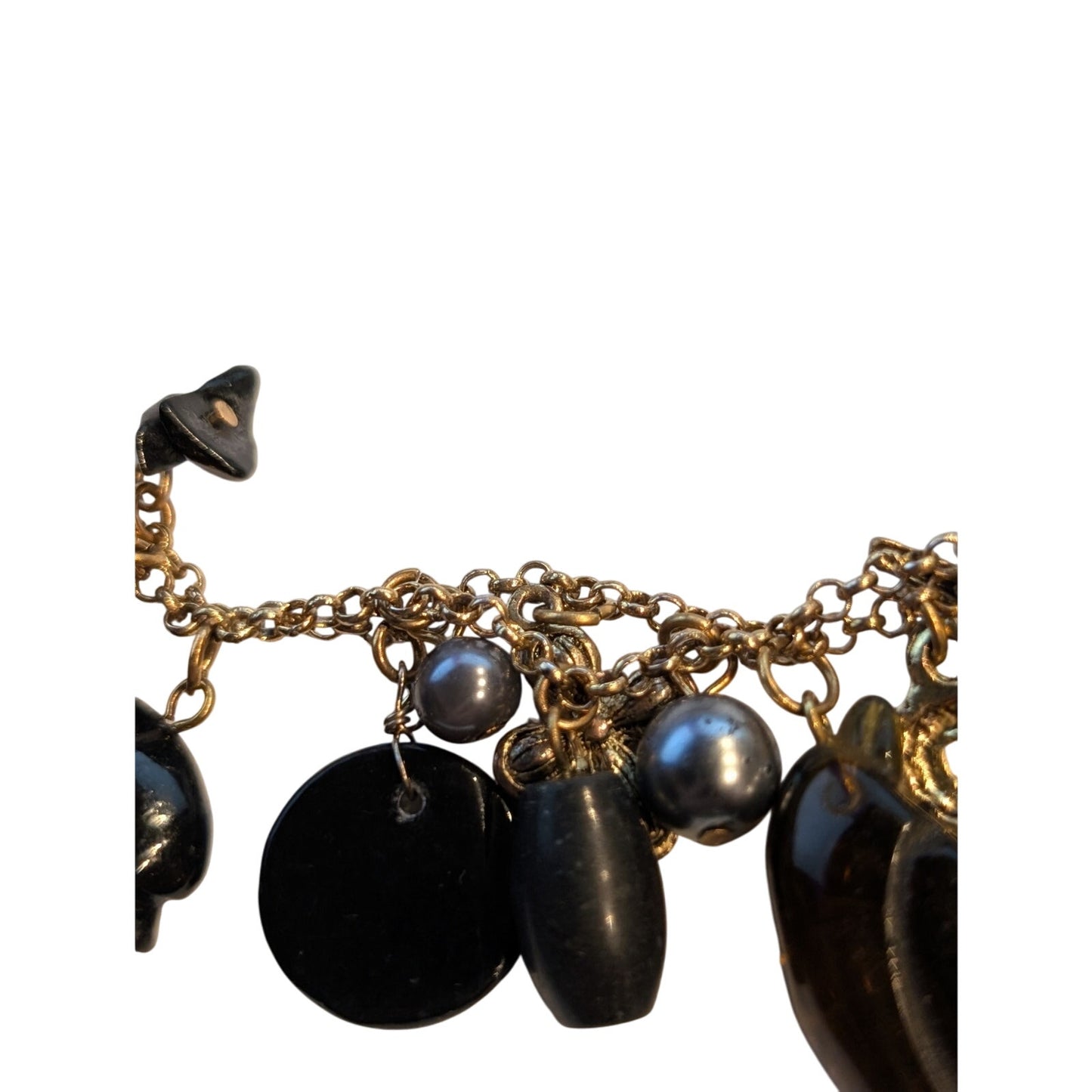 Vintage Antique Gold Tone Carved Glass Animal Gray Pearl Charm Toggle Bracelet