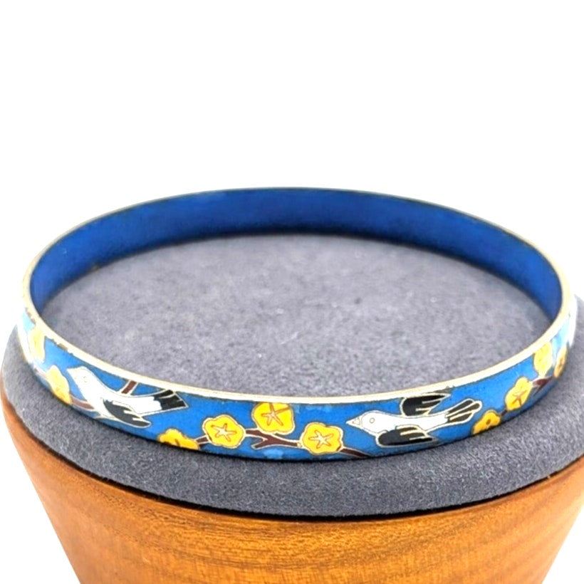 Vintage Blue Enamel Flying Bird Yellow Flower Cloisonne Bangle Bracelet