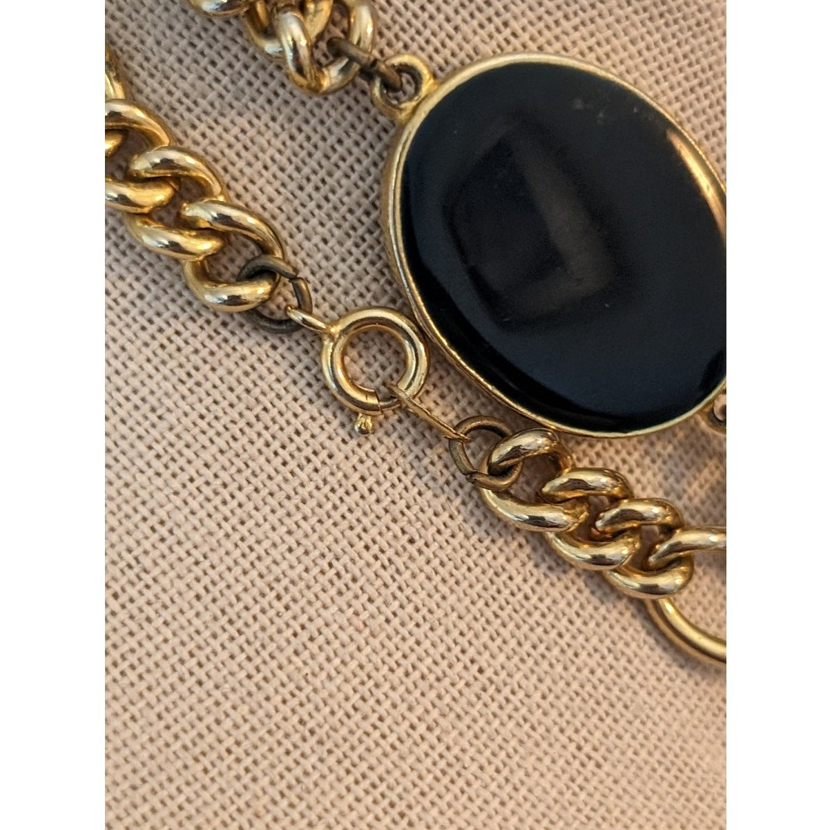 Vintage Gold Tone Chain W/ Navy & Cream Enamel Disk Stations 46" Necklace