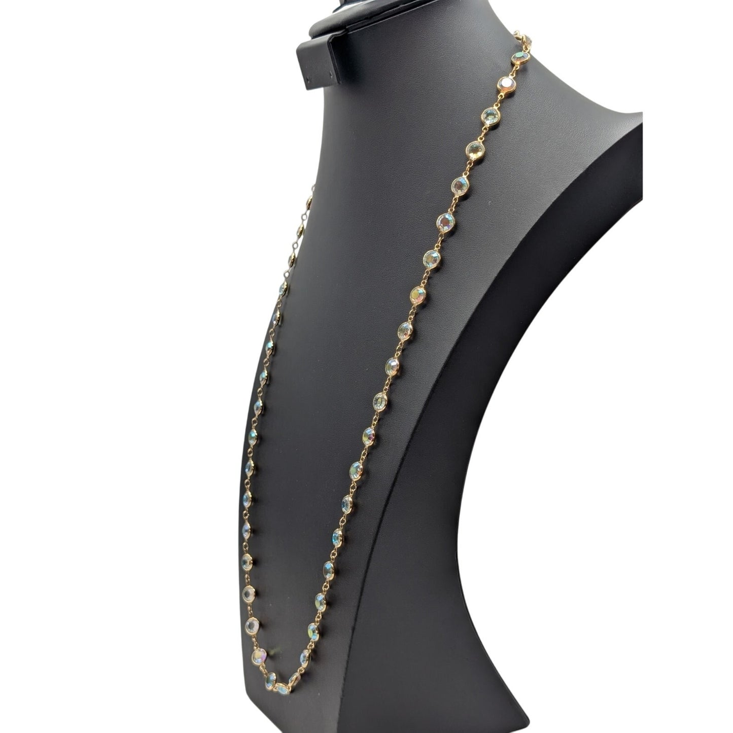 Vintage Swarovski Gold Tone Bezel Set AB Crystal Chain 34" Necklace