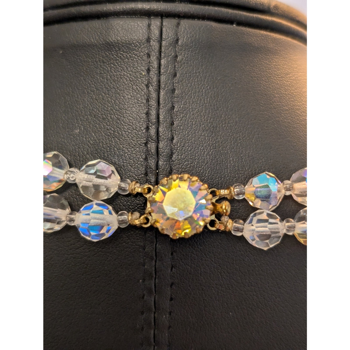 Vintage 1950s Double Strand Faceted Austrian AB Crystal Fancy Clasp Necklace