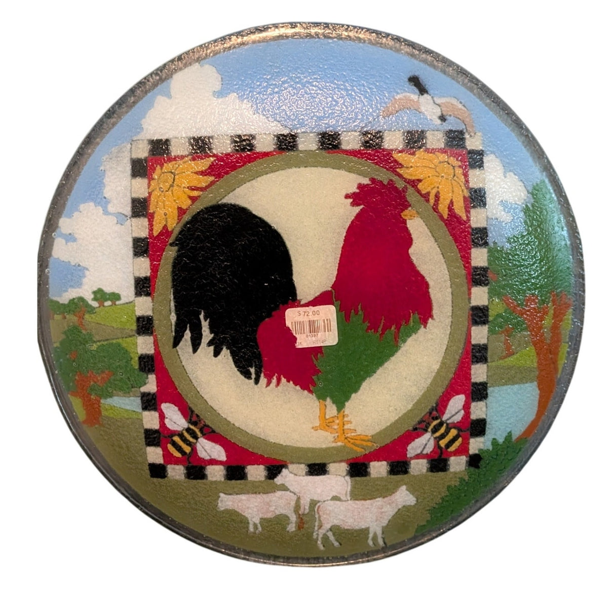 Vintage Peggy Karr Fused Glass Farm Scene Rooster Sunflower Bee Plate/Platter