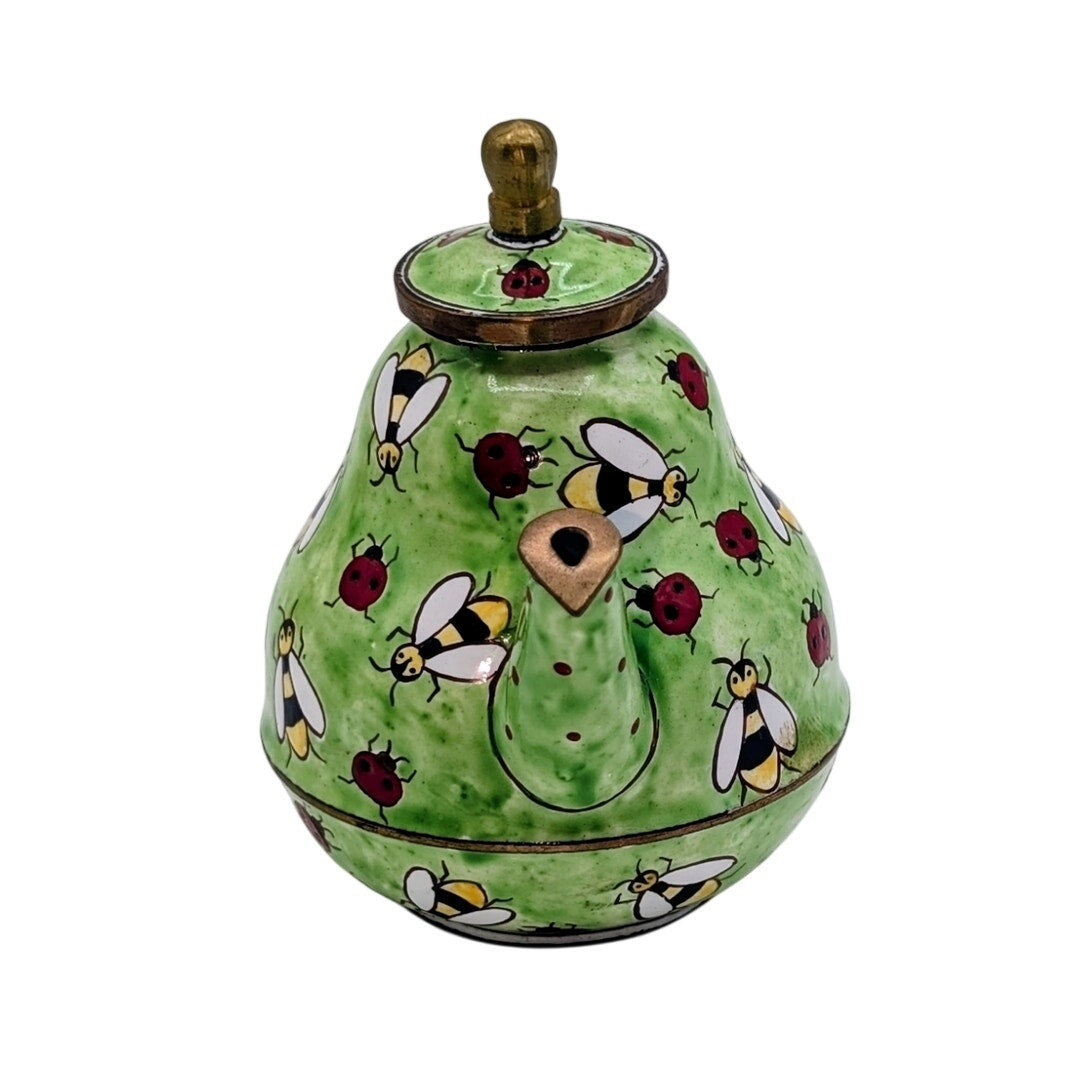 Kelvin Chen Vintage Hand Painted Green Enamel Copper Teapot Ladybugs & Bees