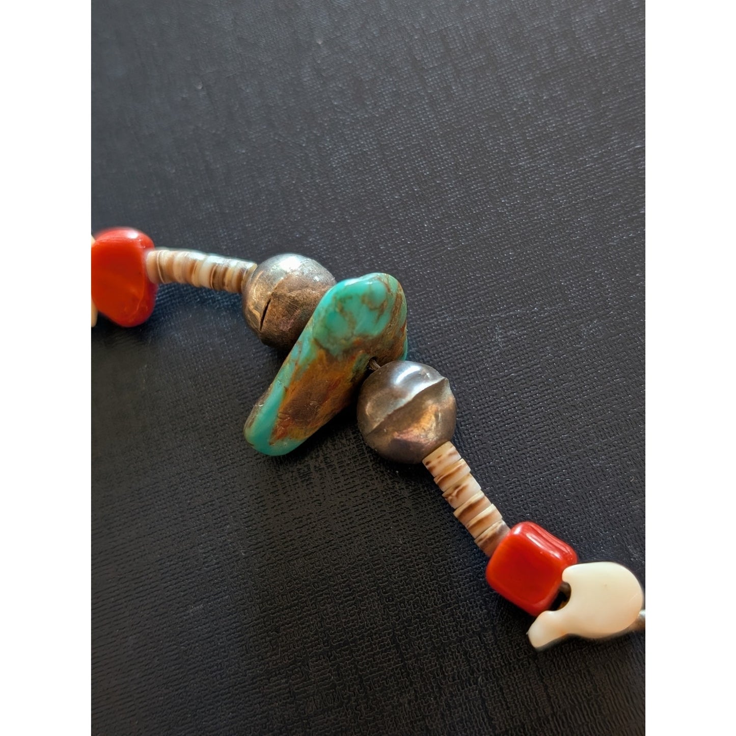 Vtg Liquid Sterling Turquoise Coral Carved Bird Heishi Bead Choker Necklace