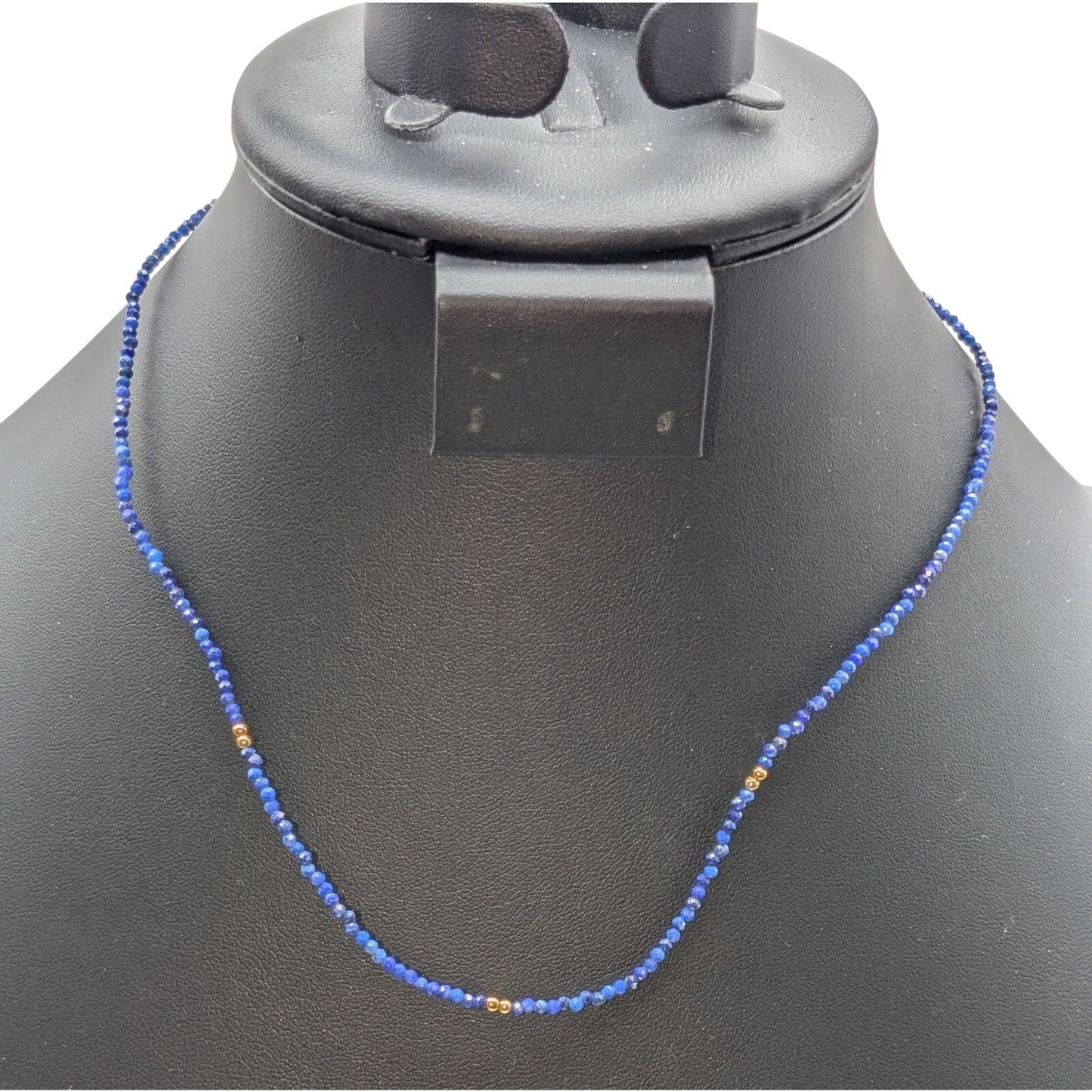 925 Sterling Vermeil 2mm Lapis Lazuli Gemstone Crystal & Goldtone Bead Necklace