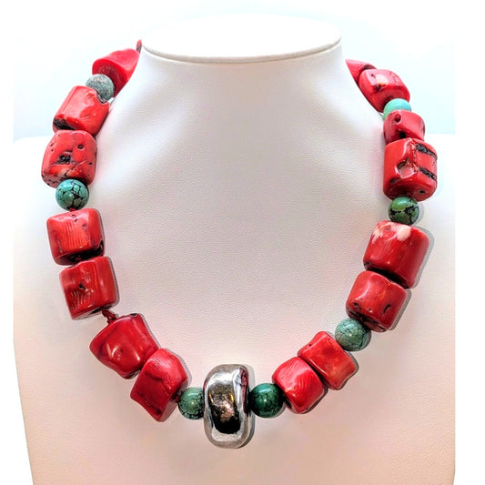 Vintage Chunky 925 Sterling Silver Coral Turquoise Beaded 18" Necklace 191.60g