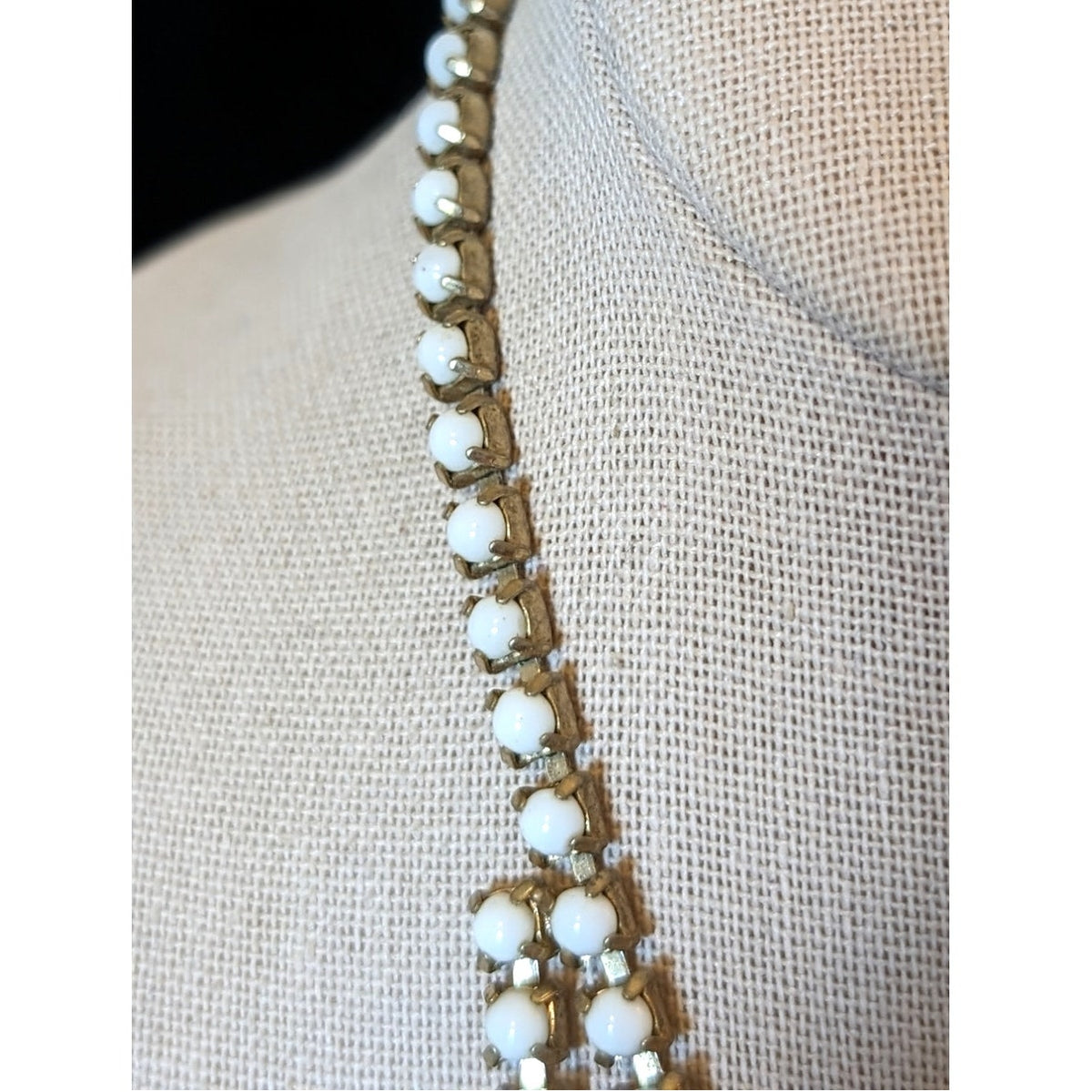 Vintage Prong Set Milk Glass Cabochon 16" Necklace W/ Hook Clasp