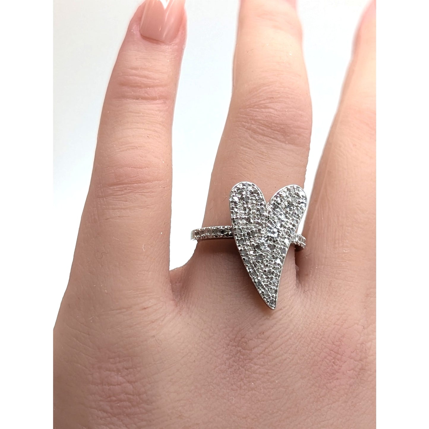 925 Sterling Tests as Diamond Pave Curved Heart Ring Size Between 6.75 & 7