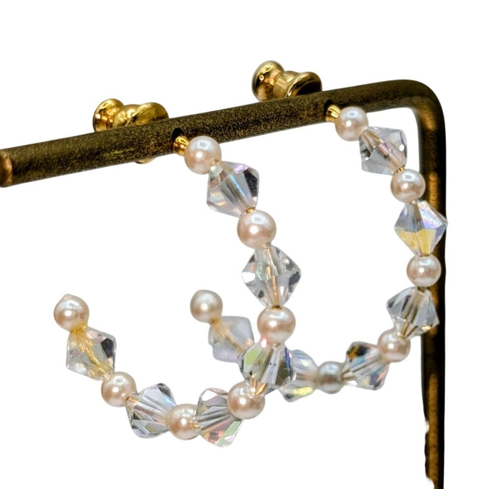 Bicone Crystal Faux Pearl Hoop Earrings