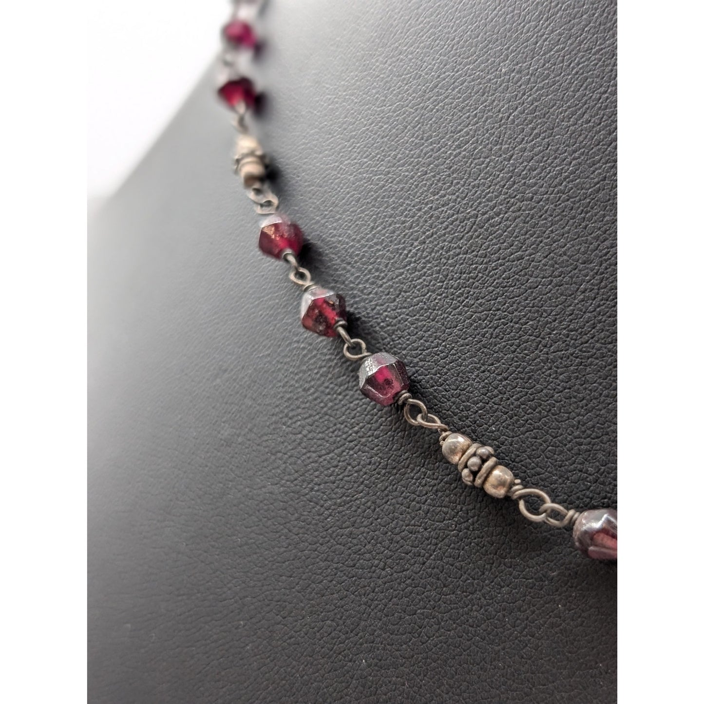 Vtg 925 Sterling Silver Garnet Stone Bead Rosary Style Chain 16"-18" Necklace