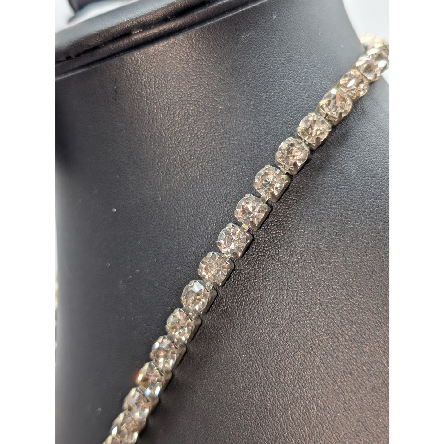 Vtg 6mm All Rhinestone Single Strand Fold Over Clasp Silver Tone 18" Necklace